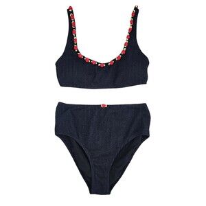 Betsey Johnson Bikini 2 Pc Black Red Rosette Ribbed High-Waist Medium Coquette